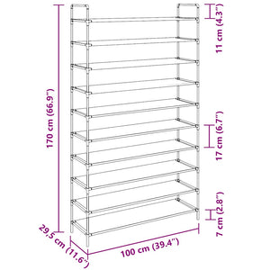 vidaXL Shoe Rack with 10 Shelves Metal and Non-Woven Fabric Silver