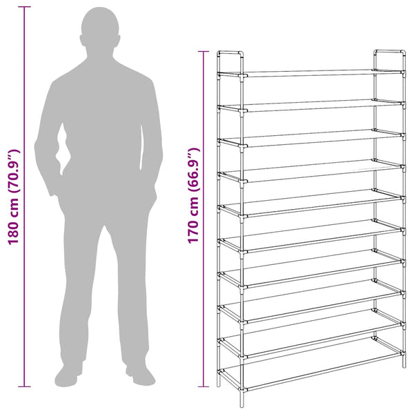 vidaXL Shoe Rack with 10 Shelves Metal and Non-Woven Fabric Silver