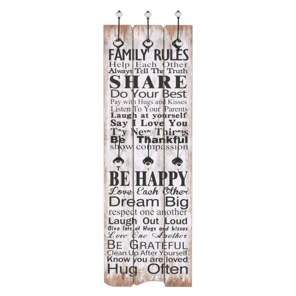 vidaXL Wall Coat Rack with 6 Hooks 120 x 40 cm "FAMILY RULES"