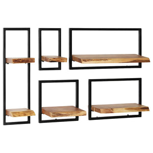 vidaXL 5-Piece Wall Shelf Set Solid Acacia Wood and Steel
