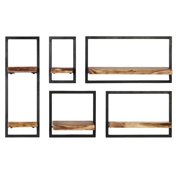 vidaXL 5-Piece Wall Shelf Set Solid Acacia Wood and Steel