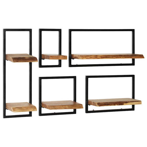 vidaXL 5-Piece Wall Shelf Set Solid Acacia Wood and Steel