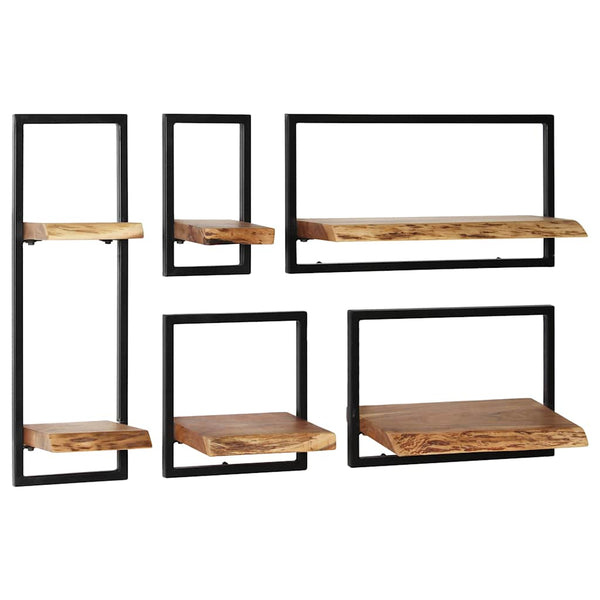 vidaXL 5-Piece Wall Shelf Set Solid Acacia Wood and Steel