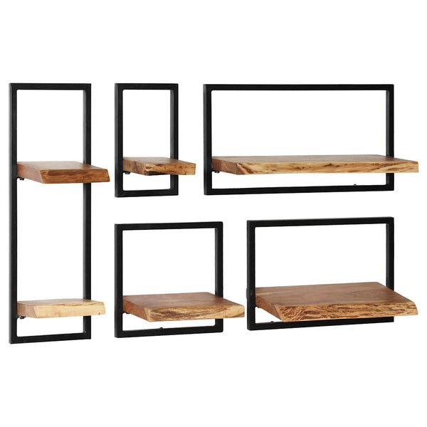 vidaXL 5-Piece Wall Shelf Set Solid Acacia Wood and Steel