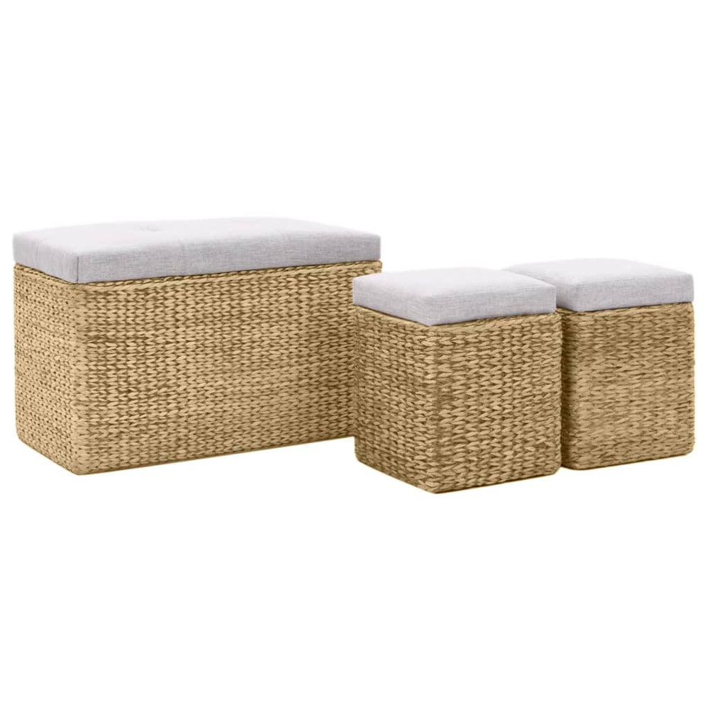 vidaXL Bench with 2 Ottomans Seagrass Grey