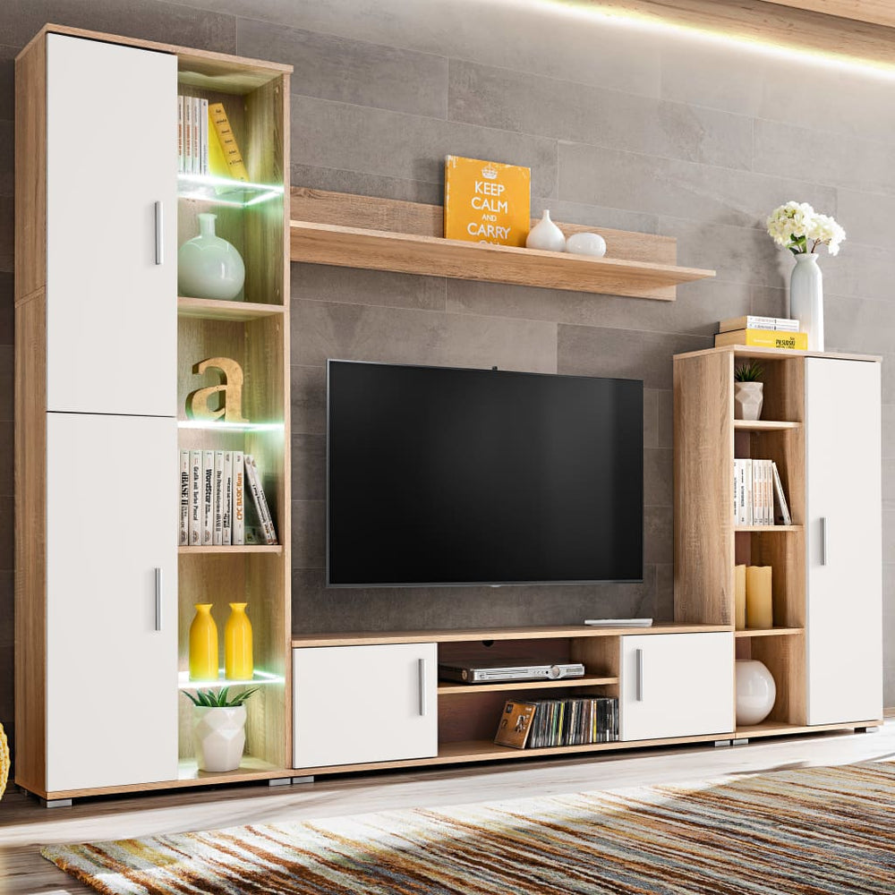 vidaXL TV Wall Unit with LED Lights Sonoma Oak and White