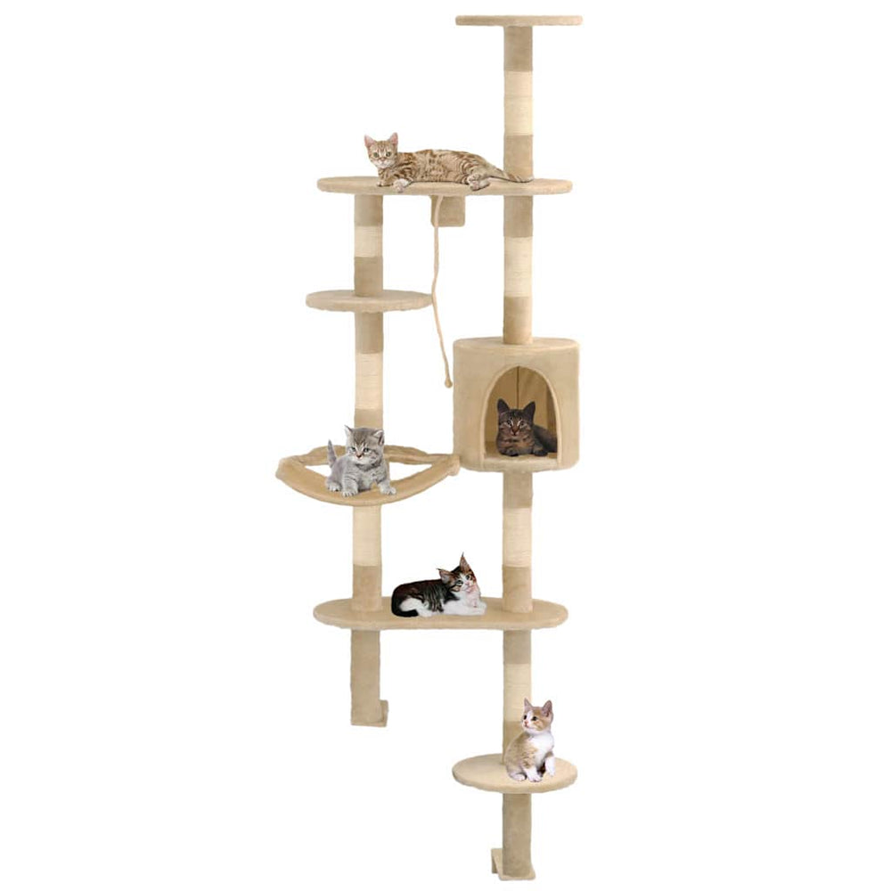vidaXL Wall-Mounted Cat Scratching Tree with Sisal Scratching Posts 194 cm Beige