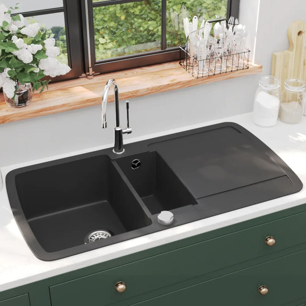 vidaXL Granite Double Sink Black
