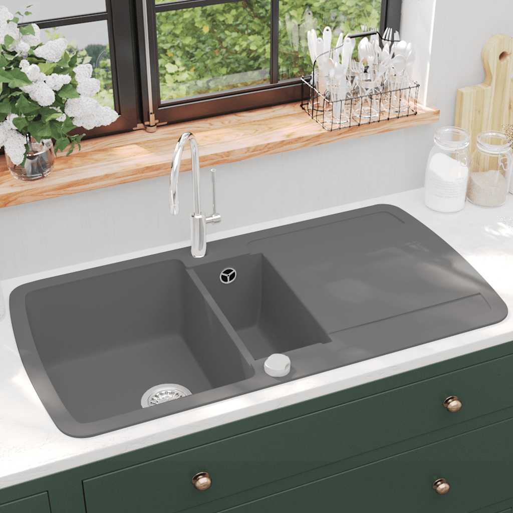 vidaXL Granite Sink Double Basin Grey