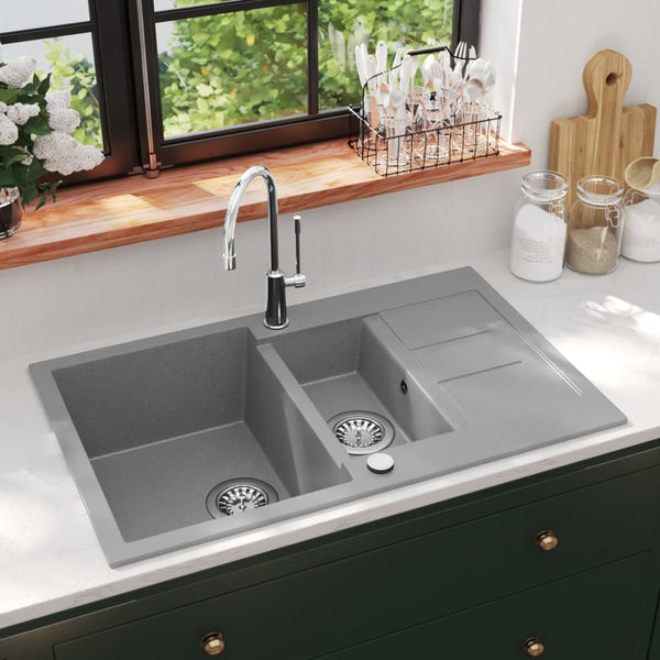 vidaXL Granite Sink Double Basin Grey