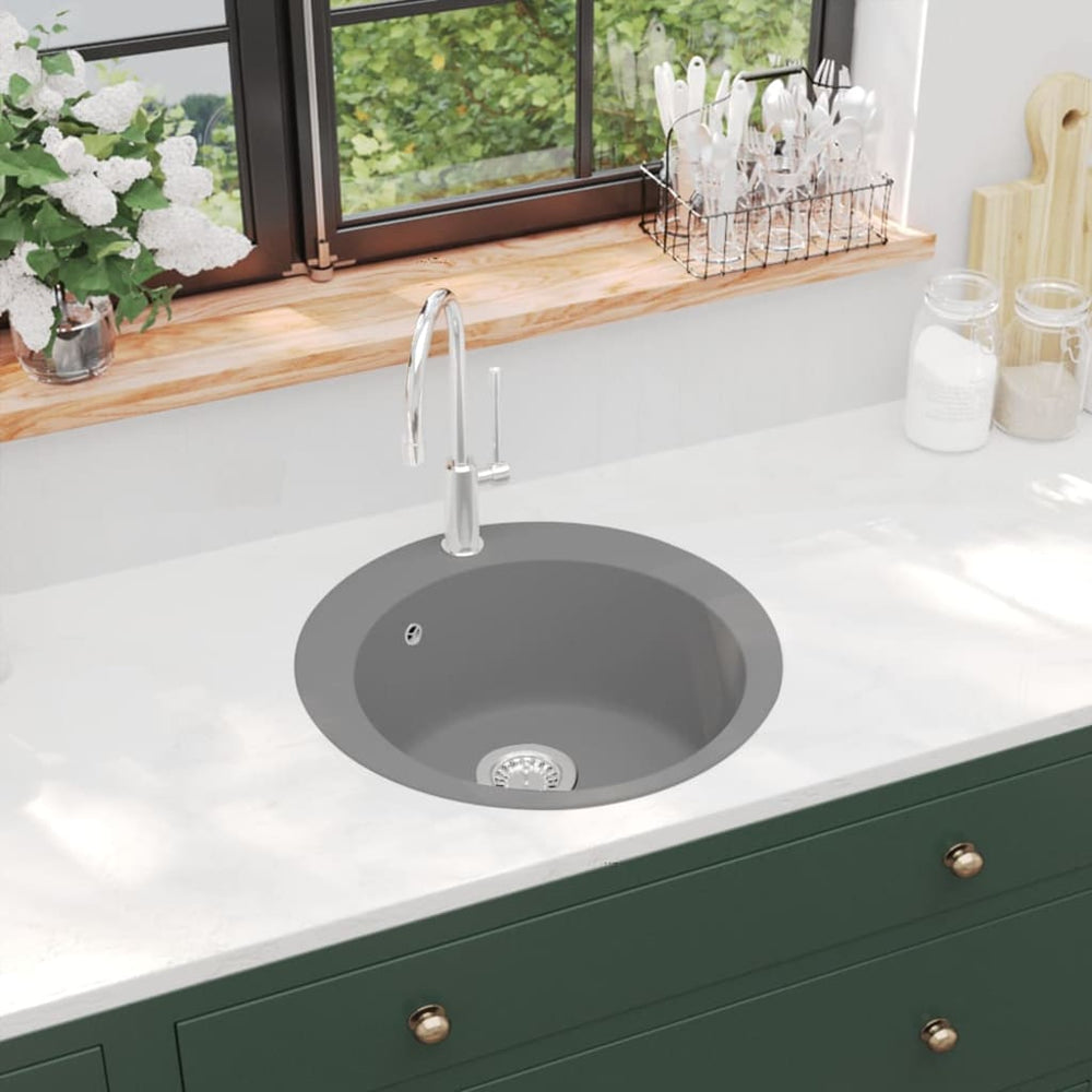vidaXL Granite Sink Single Bowl Round Grey