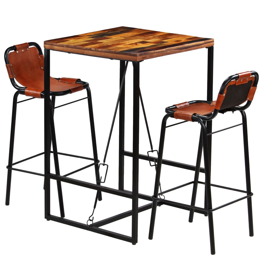 vidaXL 3-piece Bar Set Solid Reclaimed Wood and Genuine Goat Leather