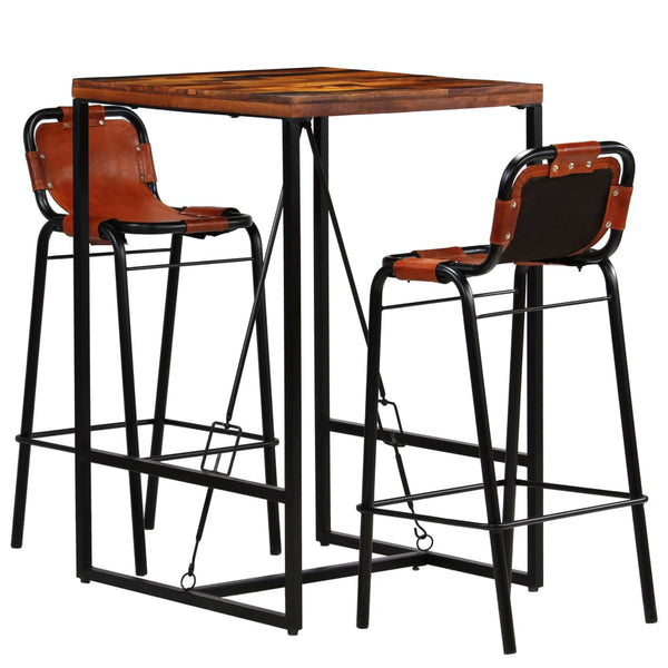 vidaXL 3-piece Bar Set Solid Reclaimed Wood and Genuine Goat Leather
