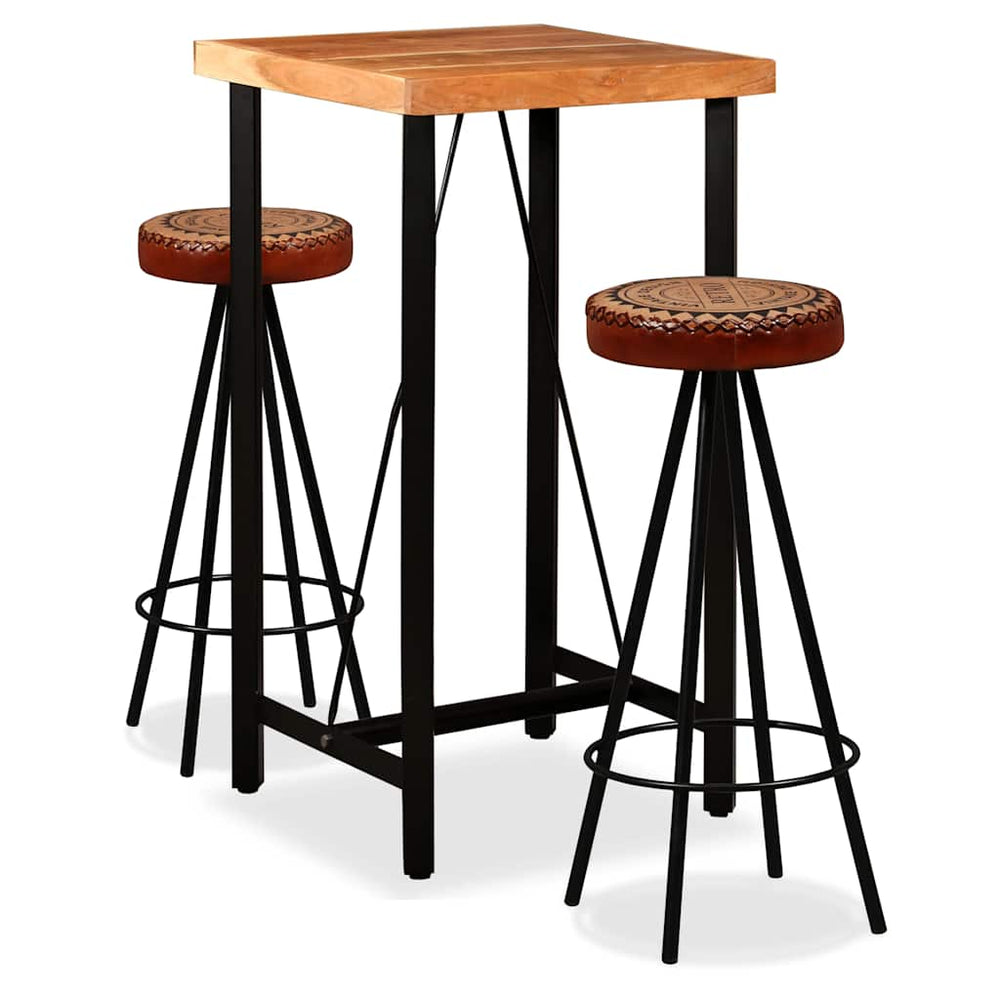 vidaXL 3-Piece Bar Set Solid Acacia Wood, Real Leather and Canvas