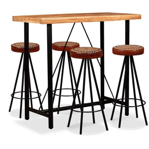 vidaXL 5-piece Bar Set Solid Acacia Wood, Real Leather and Canvas
