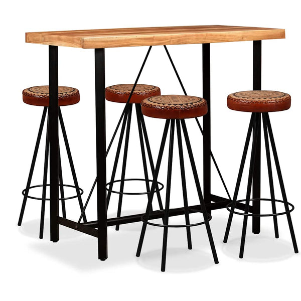 vidaXL 5-piece Bar Set Solid Acacia Wood, Real Leather and Canvas