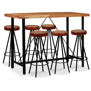 vidaXL 7-piece Bar Set Solid Acacia Wood, Real Leather and Canvas