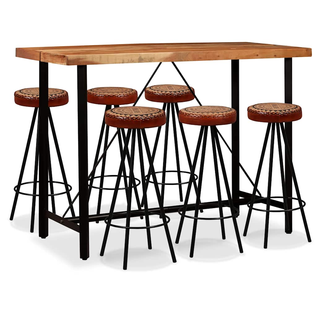 vidaXL 7-piece Bar Set Solid Acacia Wood, Real Leather and Canvas