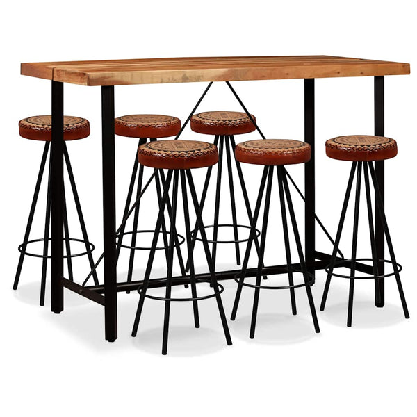 vidaXL 7-piece Bar Set Solid Acacia Wood, Real Leather and Canvas