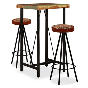vidaXL 3-Piece Bar Set Reclaimed Solid Wood, Genuine Leather and Canvas