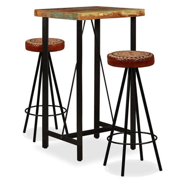 vidaXL 3-Piece Bar Set Reclaimed Solid Wood, Genuine Leather and Canvas