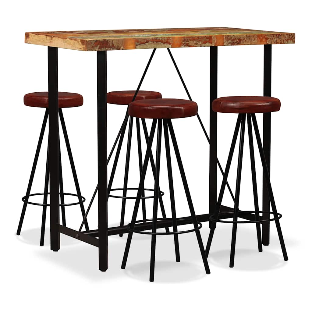 vidaXL 5-Piece Bar Set Solid Reclaimed Wood and Genuine Leather