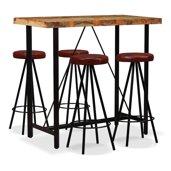 vidaXL 5-Piece Bar Set Solid Reclaimed Wood and Genuine Leather