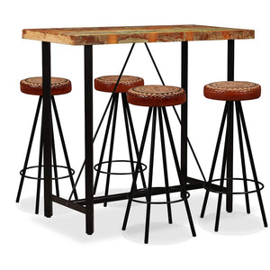 vidaXL 5-piece Bar Set Solid Reclaimed Wood, Genuine Leather and Canvas