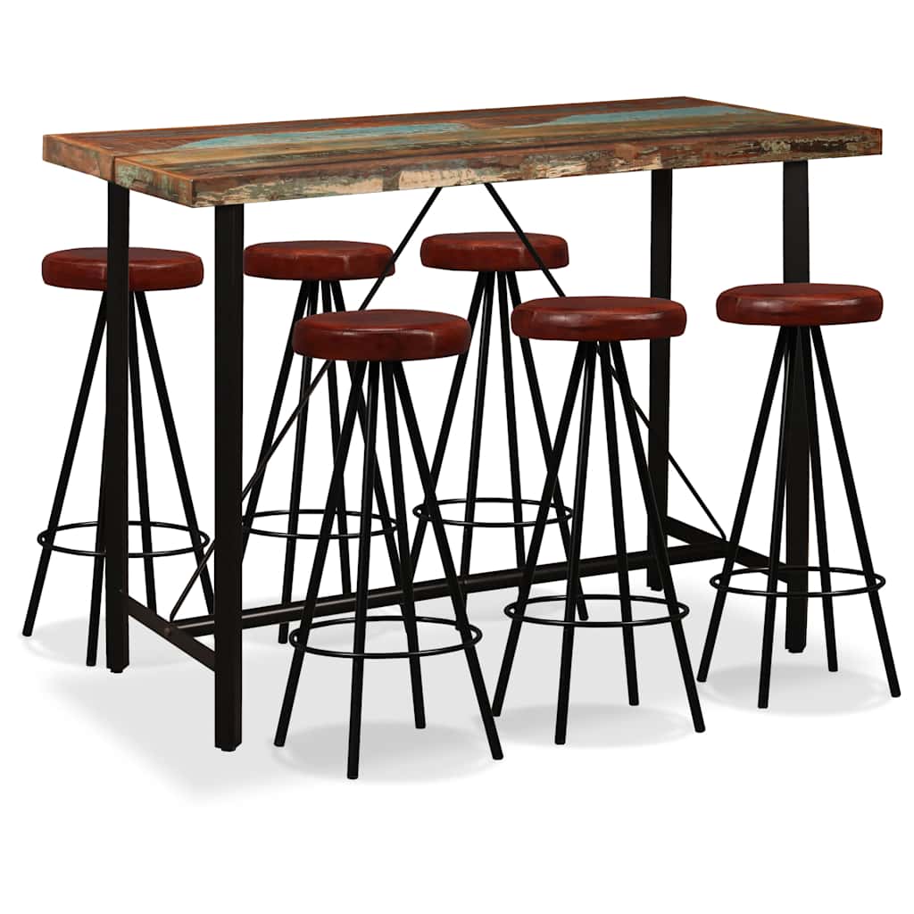 vidaXL 7-Piece Bar Set Reclaimed Solid Wood and Real Leather