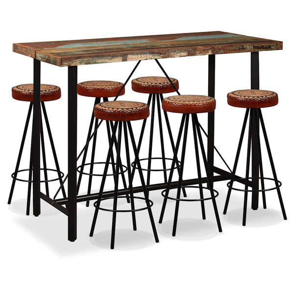 vidaXL 7-Piece Bar Set Reclaimed Solid Wood, Genuine Leather and Canvas