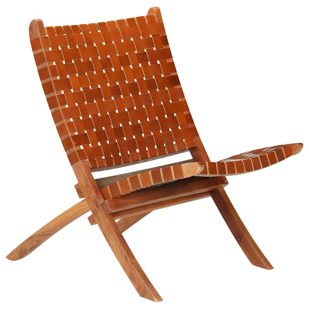 vidaXL Folding Recliner Chair Cross Stripes Brown Genuine Leather