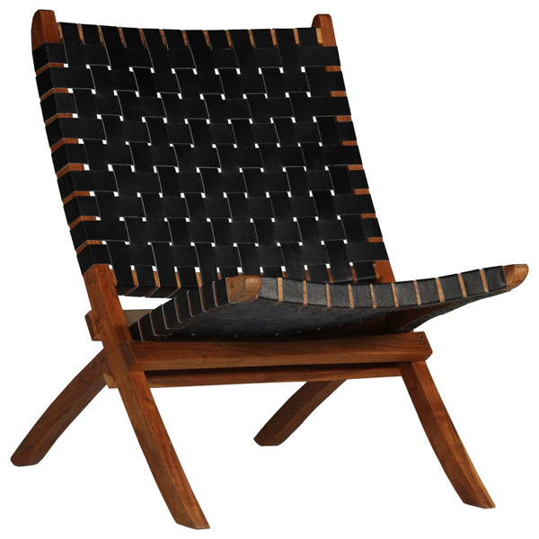 vidaXL Folding Recliner Chair Striped Black Genuine Leather