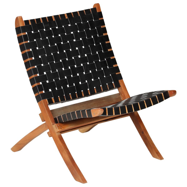 vidaXL Folding Recliner Chair Striped Black Genuine Leather