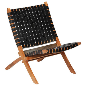vidaXL Folding Recliner Chair Striped Black Genuine Leather