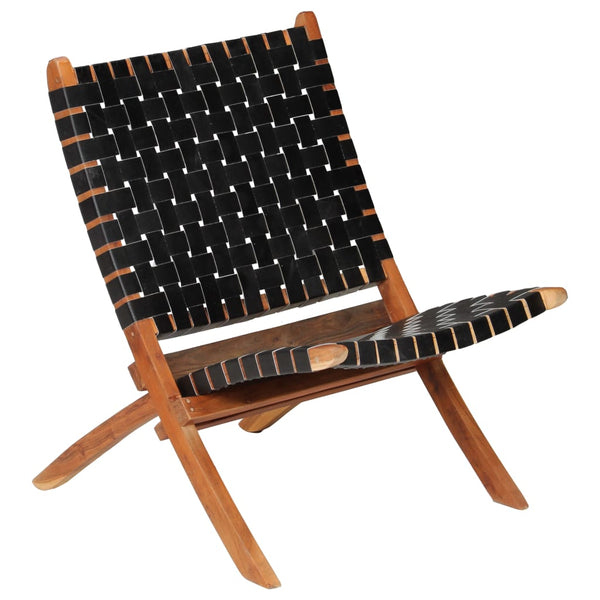 vidaXL Folding Recliner Chair Striped Black Genuine Leather