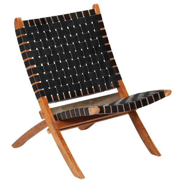 vidaXL Folding Recliner Chair Striped Black Genuine Leather