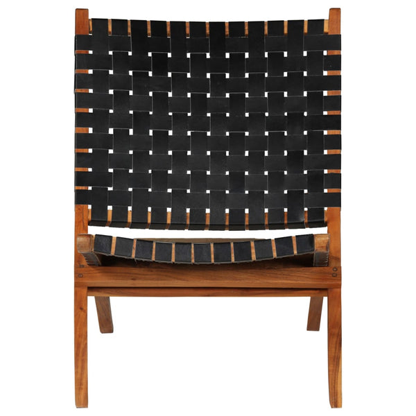 vidaXL Folding Recliner Chair Striped Black Genuine Leather