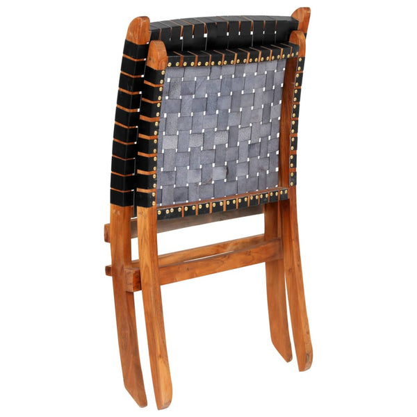 vidaXL Folding Recliner Chair Striped Black Genuine Leather