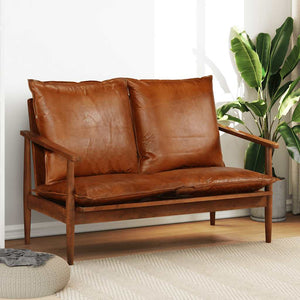 vidaXL 2-Seater Sofa Genuine Leather Acacia Wood Brown