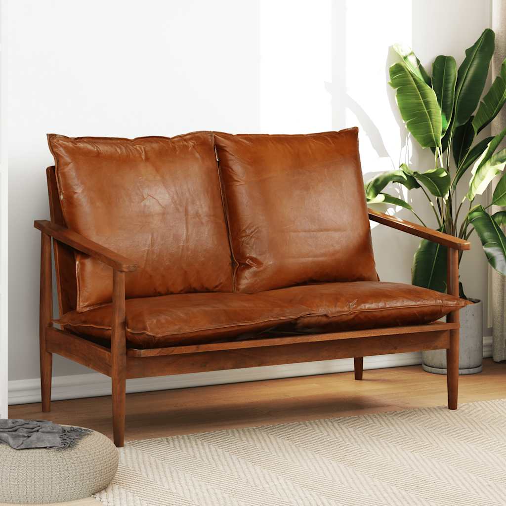 vidaXL 2-Seater Sofa Genuine Leather Acacia Wood Brown
