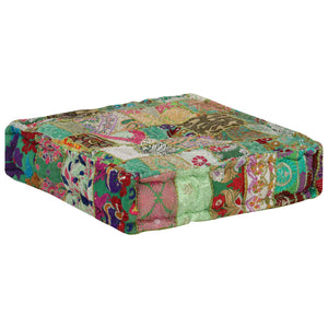 vidaXL Patchwork Ottoman Square Cotton Handmade 50x50x12 cm Green