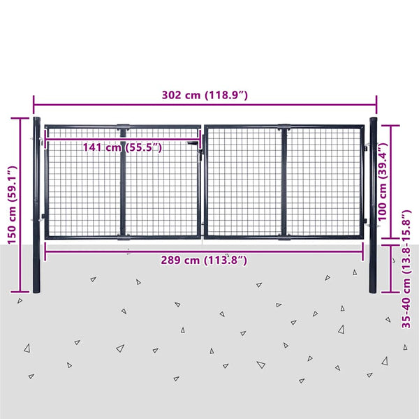 vidaXL Mesh Garden Gate Galvanized Steel 300 x 100 cm Gray