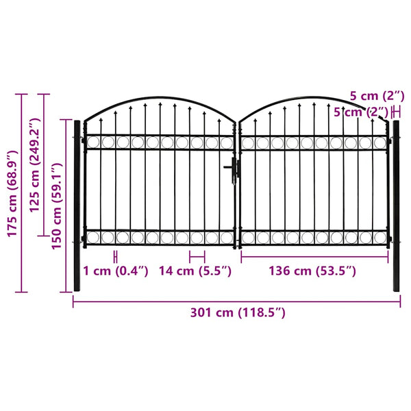 vidaXL ASSEN Double Gate with Arched Top Steel 300 x 125 cm