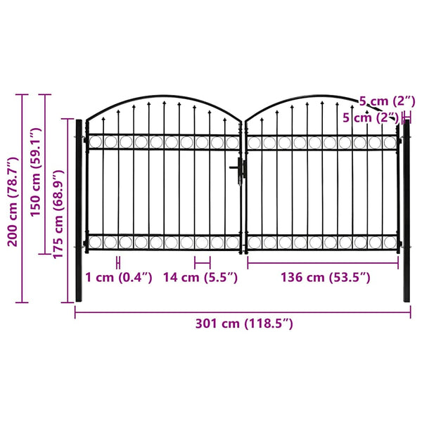 vidaXL Garden Gate ASSEN Double Door with Arched Top Steel 300 x 150 cm