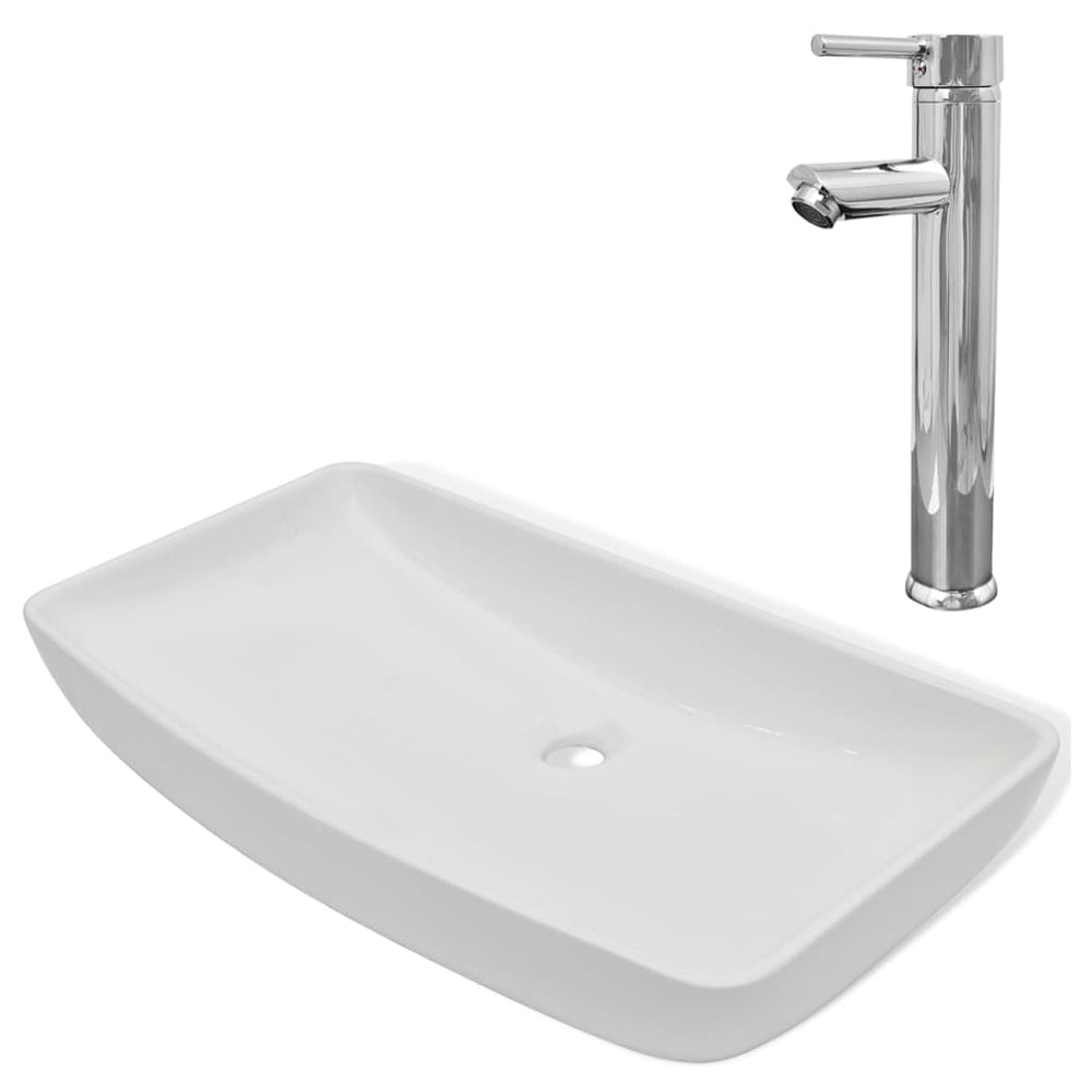 vidaXL Bathroom Sink with Faucet Ceramic Rectangular White