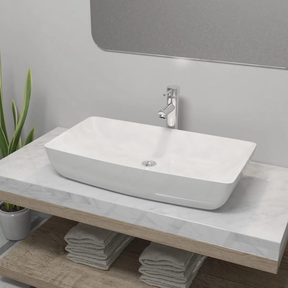 vidaXL Bathroom Sink with Faucet Ceramic Rectangular White