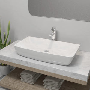 vidaXL Bathroom Sink with Faucet Ceramic Rectangular White
