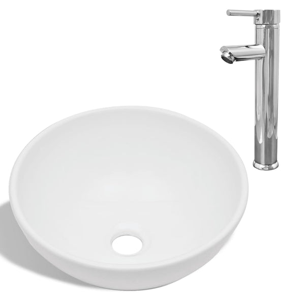 vidaXL Bathroom Sink with Faucet Ceramic Round White