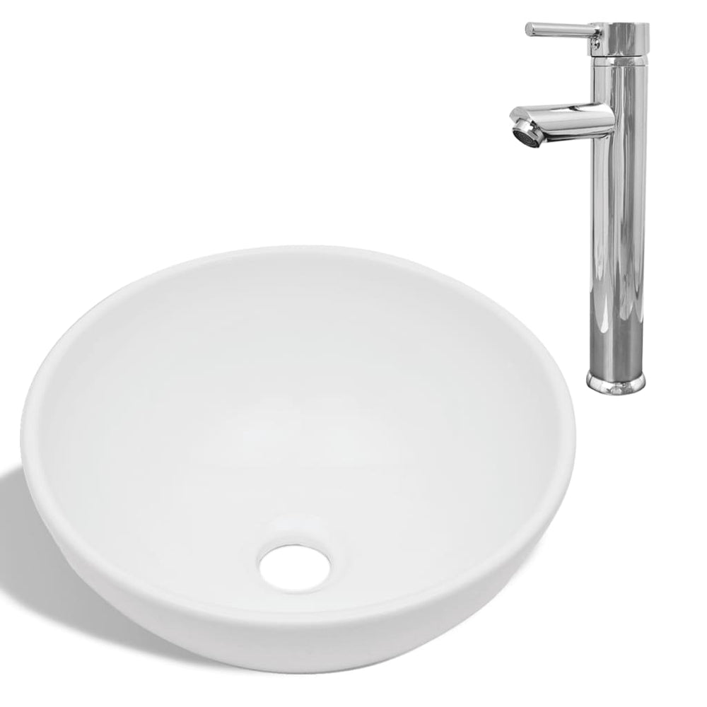 vidaXL Bathroom Sink with Faucet Ceramic Round White