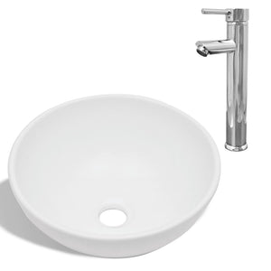 vidaXL Bathroom Sink with Faucet Ceramic Round White